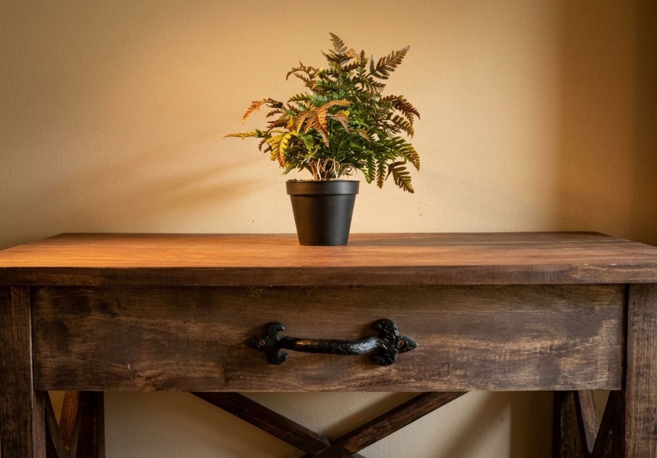 Detalhe decorativo em uma mesa de madeira