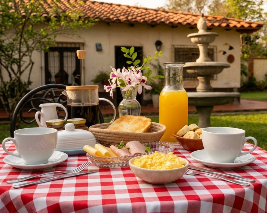 Café da manhã servido no jardim, com geleias caseiras