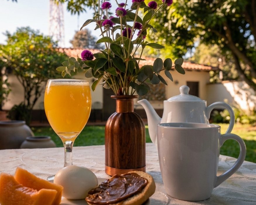 Café da manhã ao ar livre com flores do jardim
