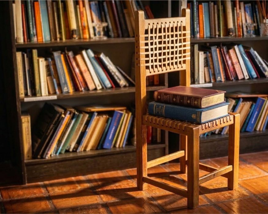 Cadeira artesanal com livros na biblioteca do hotel